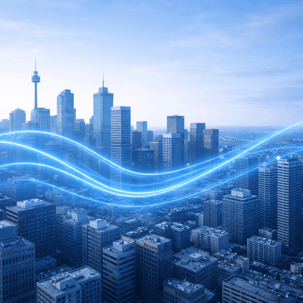 City skyline with tall buildings and glowing blue digital lines shows our mission to connect communities through innovation.