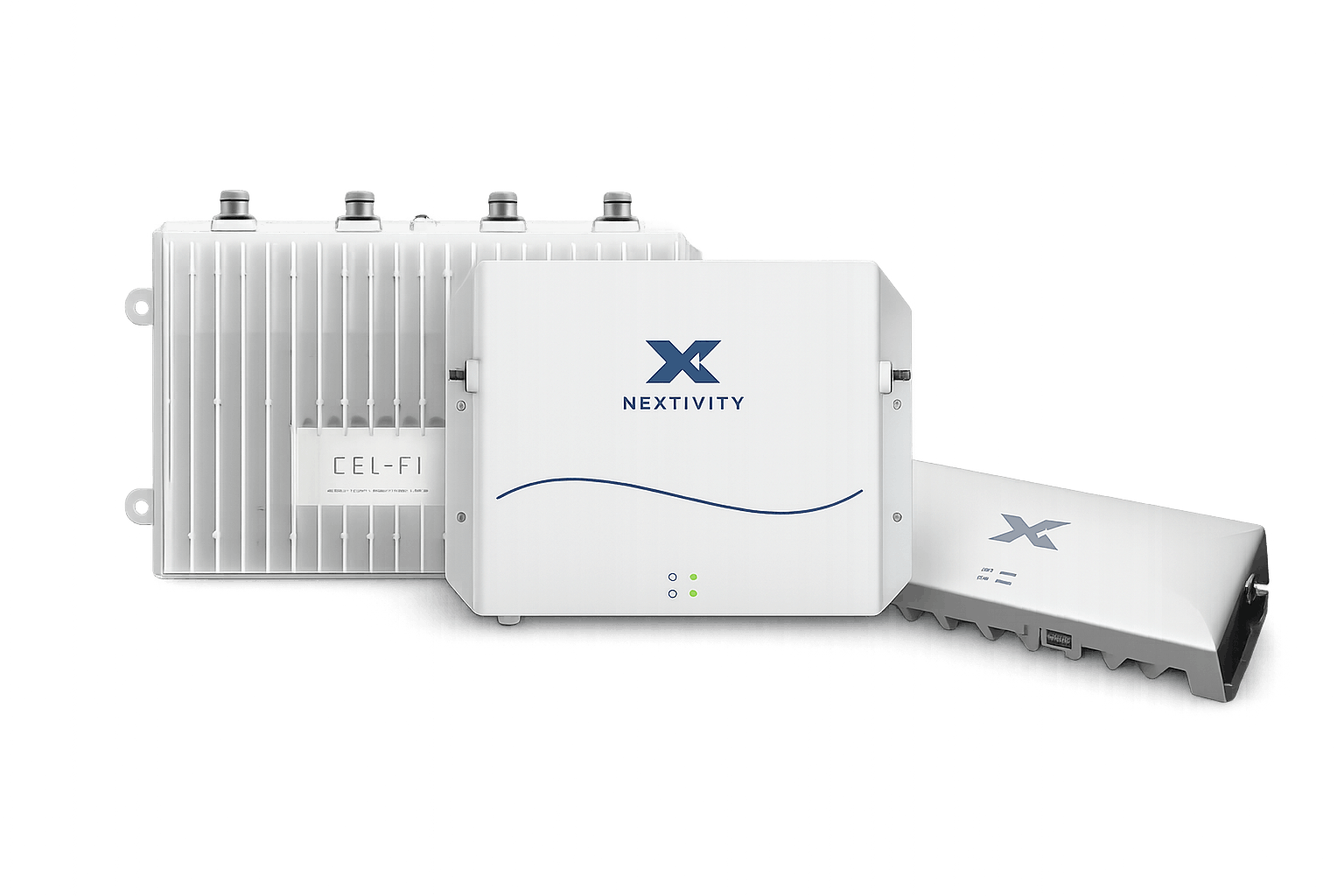 Three white Nextivity CEL-FI devices with indicator lights and ports, perfect for in-building coverage by Antonio Khalil.
