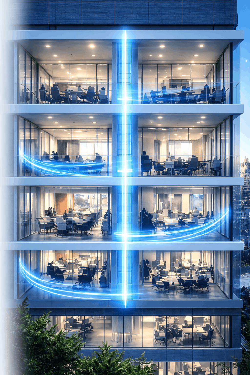 Modern office building with glass walls, meeting rooms, people working, and blue neon lights by Antonio Khalil.