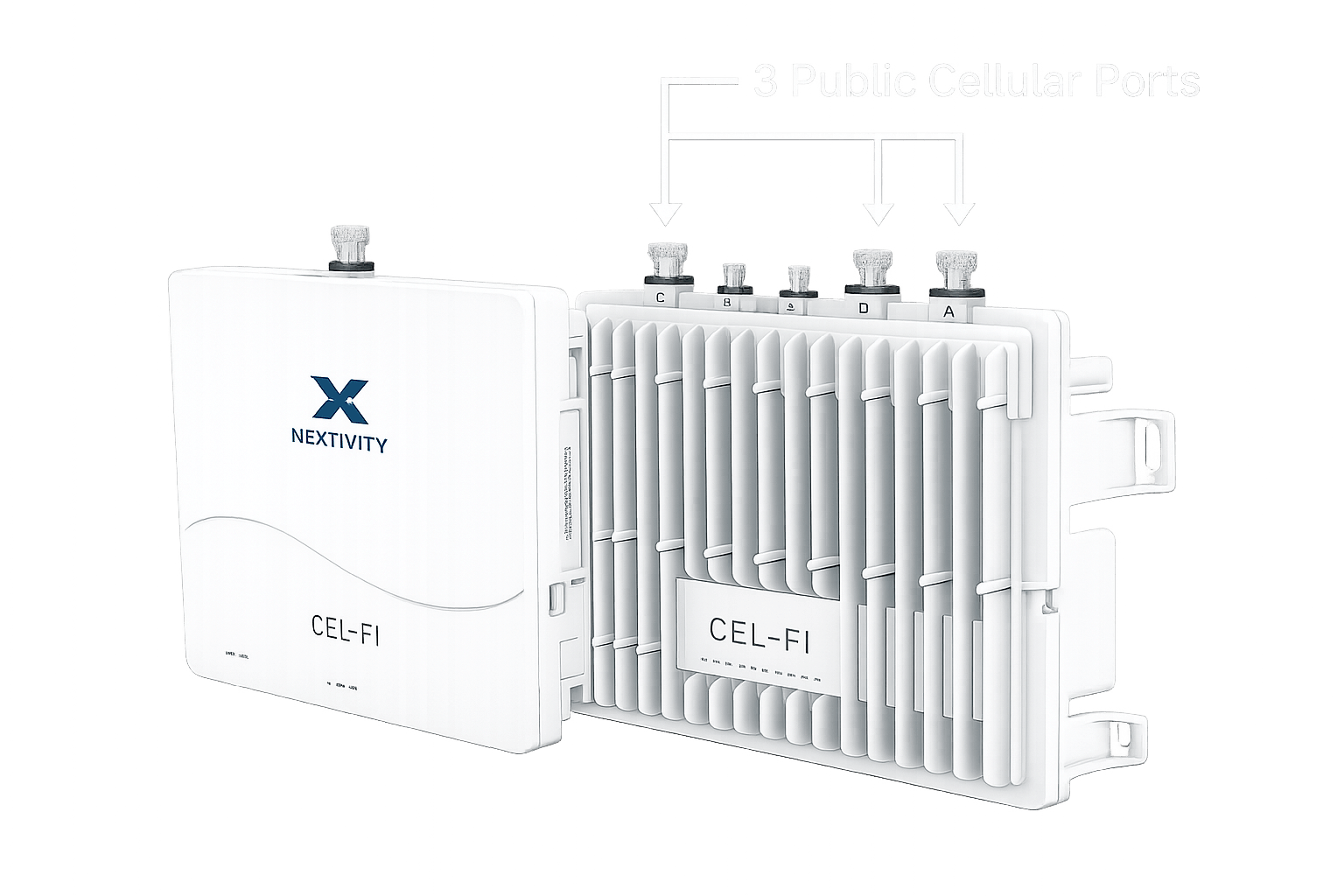 Two white Nextivity CEL-FI enterprise devices side by side, one with four labeled ports and arrows on three public cellular ports.