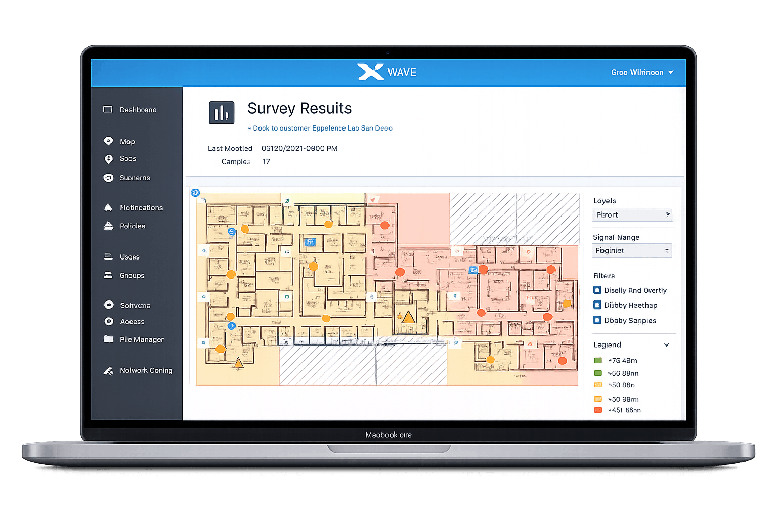 Site Assessment by Antonio Khalil: Survey results dashboard on a laptop with color-coded floor plan map of signal strength.