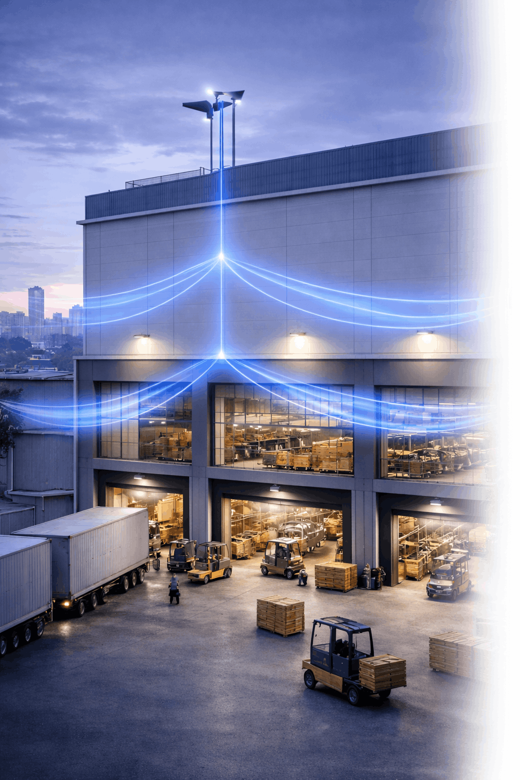 Warehouse exterior with trucks, pallets, and workers; blue light trails connect to a rooftop antenna, highlighting connectivity.
